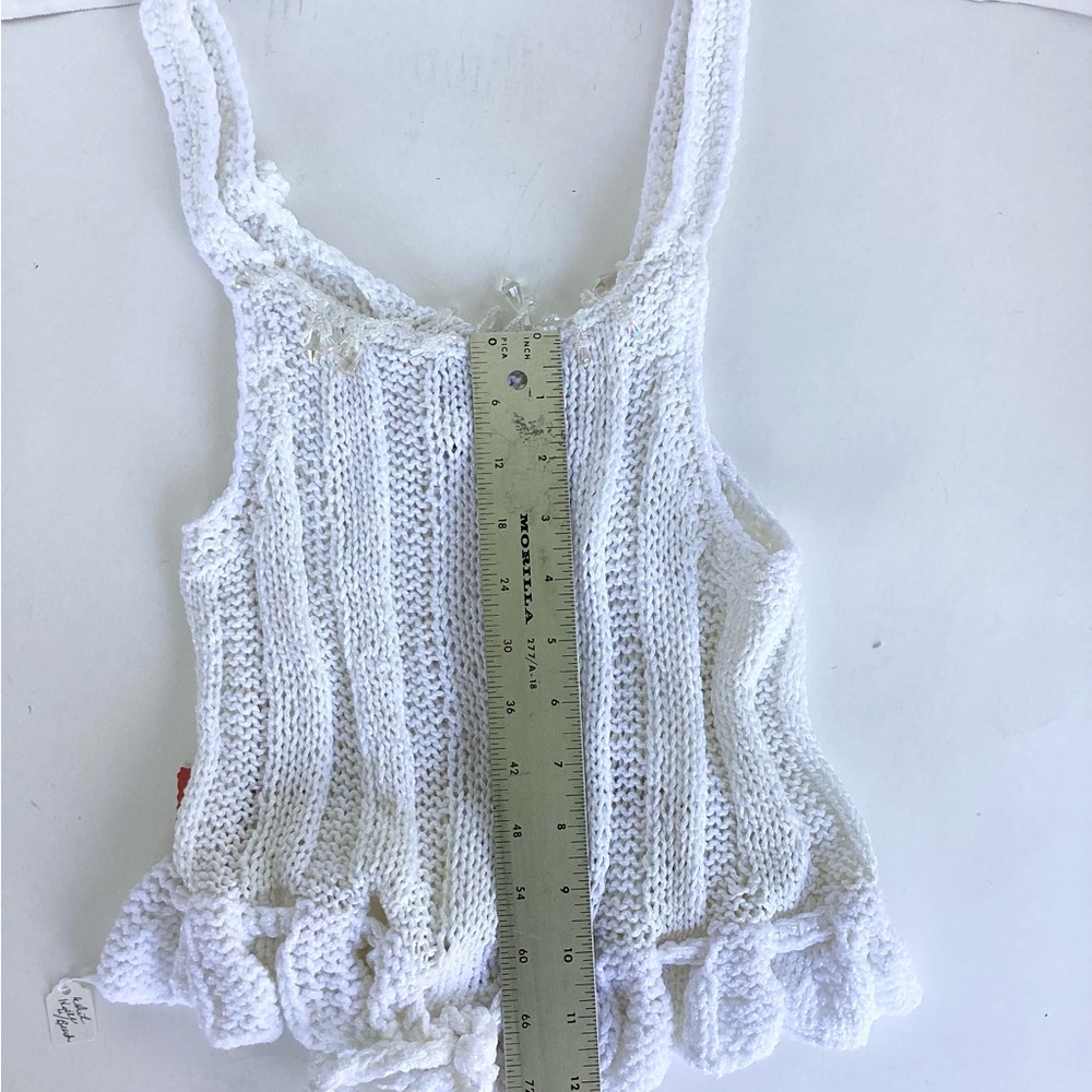Crop Top Hand Crafted Crochet Halter White Ribbed Tank Boho Ruffle Crystals - Picture 9 of 16